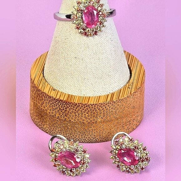 925 Sterling Silver Set Ring Sz 6.75 & Earrings with Natural Ruby & Sapphire - Picture 4 of 9